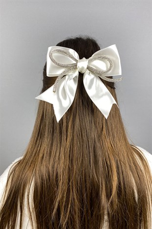 Krem Full Taşlı Fiyonklu Saç Tokası Aksesuar