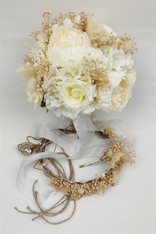 Krem Gül Ve Şakayık Gelin Çiçeği Seti