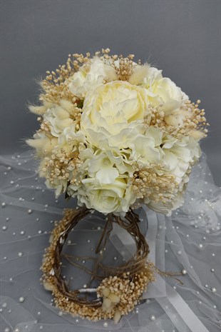 Krem Gül Ve Şakayık Gelin Çiçeği Seti