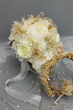 Krem Gül Ve Şakayık Gelin Çiçeği Seti