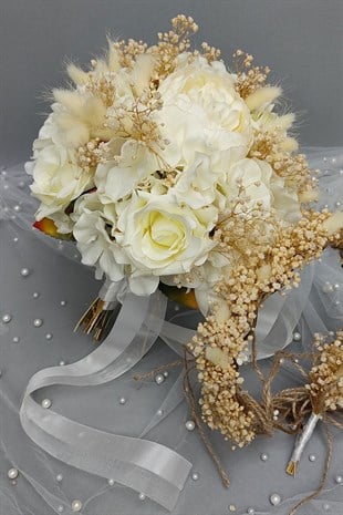 Krem Gül Ve Şakayık Gelin Çiçeği Seti