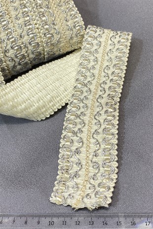 Krem Gümüş Geniş Simli Su Taşı Şerit