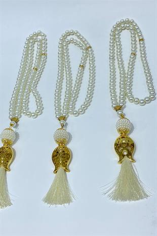 Krem Hediyelik Laleli Püsküllü Kristal Boncuklu 99 Lu Namaz Tesbihi ( Mevlüt-sünnet-hac-umre)