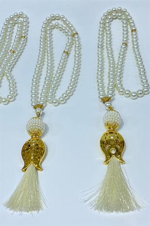 Krem Hediyelik Laleli Püsküllü Kristal Boncuklu 99 Lu Namaz Tesbihi ( Mevlüt-sünnet-hac-umre)