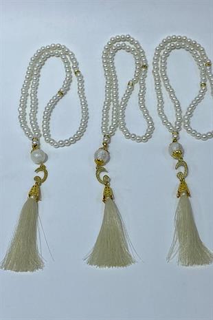 Krem Hediyelik Laleli Püsküllü Kristal Boncuklu 99 Lu Namaz Tesbihi ( Mevlüt-sünnet-hac-umre)