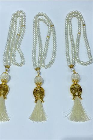 Krem Hediyelik Laleli Püsküllü Kristal Boncuklu 99 Lu Namaz Tesbihi ( Mevlüt-sünnet-hac-umre)