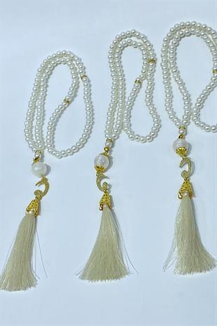 Krem Hediyelik Laleli Püsküllü Kristal Boncuklu 99 Lu Namaz Tesbihi ( Mevlüt-sünnet-hac-umre)