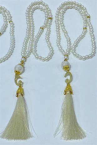 Krem Hediyelik Laleli Püsküllü Kristal Boncuklu 99 Lu Namaz Tesbihi ( Mevlüt-sünnet-hac-umre)