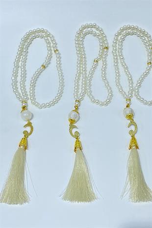 Krem Hediyelik Laleli Püsküllü Kristal Boncuklu 99 Lu Namaz Tesbihi ( Mevlüt-sünnet-hac-umre)