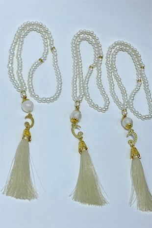 Krem Hediyelik Laleli Püsküllü Kristal Boncuklu 99 Lu Namaz Tesbihi ( Mevlüt-sünnet-hac-umre)