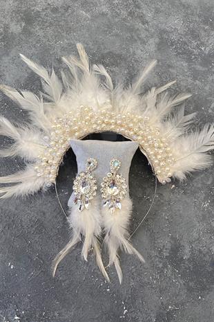 Cream Rooster Feather Crystal Beaded Bridal Henna Tiara and Earring