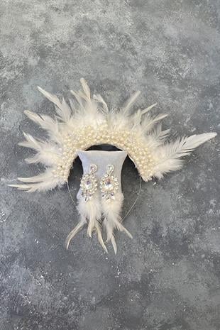 Cream Rooster Feather Crystal Beaded Bridal Henna Tiara and Earring
