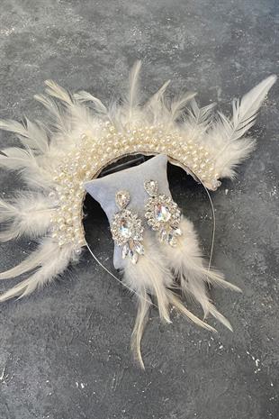Cream Rooster Feather Crystal Beaded Bridal Henna Tiara and Earring