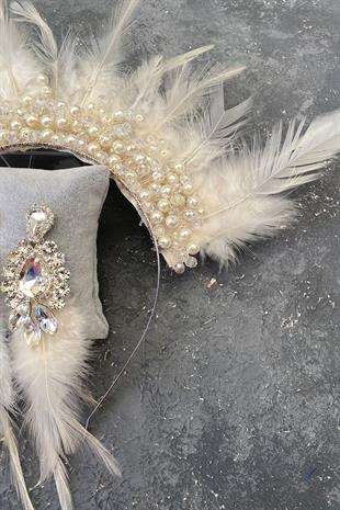 Cream Rooster Feather Crystal Beaded Bridal Henna Tiara and Earring
