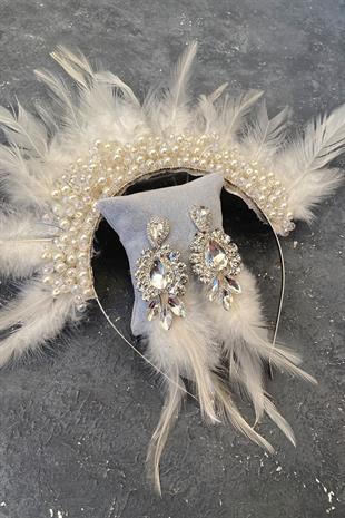 Cream Rooster Feather Crystal Beaded Bridal Henna Tiara and Earring