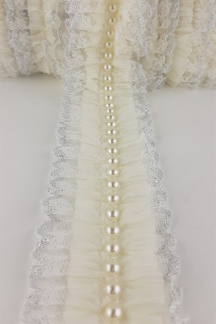 Krem İncili Sim Dantel Plise Fırfır