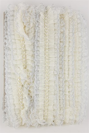 Krem İncili Sim Dantel Plise Fırfır