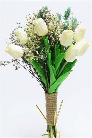 Krem Islak Lale ve Su Yeşili Şoklanmış Çiçekli Gelin Buketi