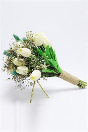 Krem Islak Lale ve Su Yeşili Şoklanmış Çiçekli Gelin Buketi
