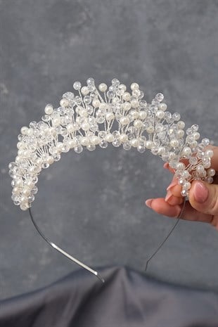 Krem Kristal Boncuklu Aren Gelin Kına Tacı
