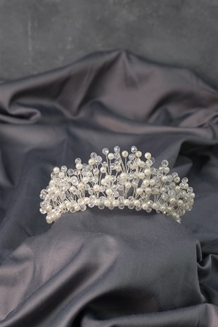 Krem Kristal Boncuklu Aren Gelin Kına Tacı