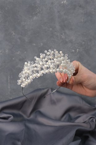 Krem Kristal Boncuklu Aren Gelin Kına Tacı