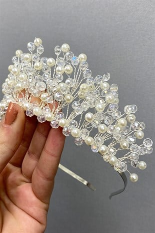 Krem Kristal Boncuklu Aren Gelin ve Kına Tacı