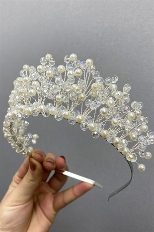 Krem Kristal Boncuklu Aren Gelin ve Kına Tacı