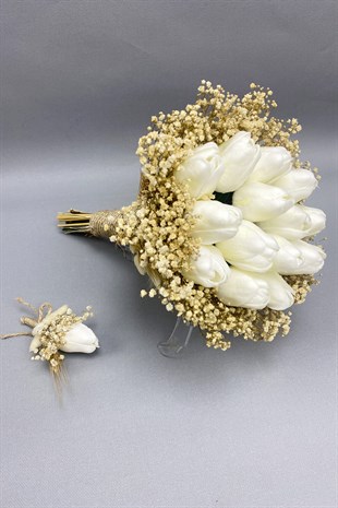 Krem Kurutulmuş Çiçekli Beyaz Islak Laleli Gelin Buketi ve Damat Yaka Çiçeği