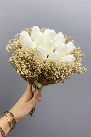 Krem Kurutulmuş Çiçekli Beyaz Islak Laleli Gelin Buketi ve Damat Yaka Çiçeği