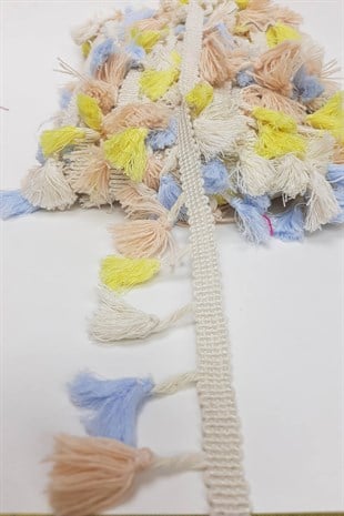 Krem Mavi Pamuklu Saçak Püskül