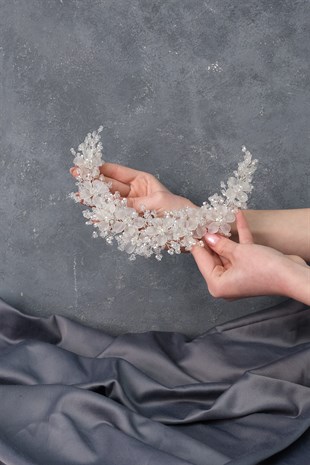 Krem Nida Çiçek Mineli Gelin Tacı Saç ve Türban Aksesuarı