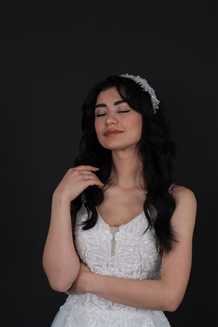 Krem Nida Çiçek Mineli Gelin Tacı Saç ve Türban Aksesuarı