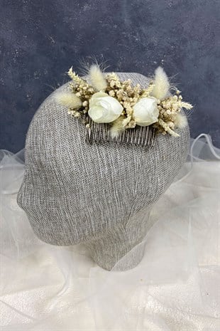 Krem Pamuk Otu Cipso ve Yapay Çiçekli Taraklı Saç Tokası