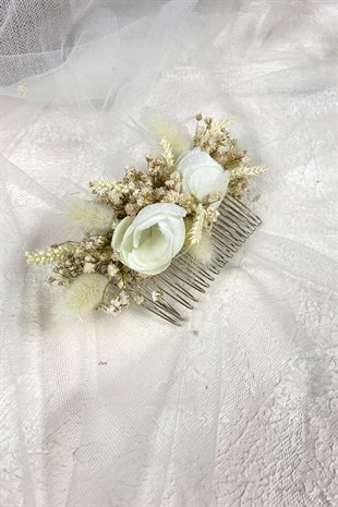 Krem Pamuk Otu Cipso ve Yapay Çiçekli Taraklı Saç Tokası