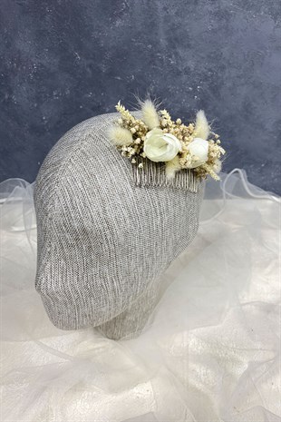 Krem Pamuk Otu Cipso ve Yapay Çiçekli Taraklı Saç Tokası