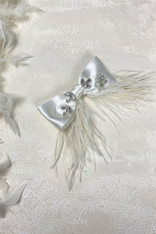 Krem Parlak Taşlı Tüylü Fiyonk Saç Tokası Aksesuar