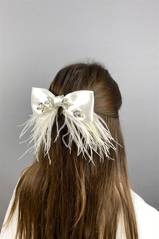 Krem Parlak Taşlı Tüylü Fiyonk Saç Tokası Aksesuar