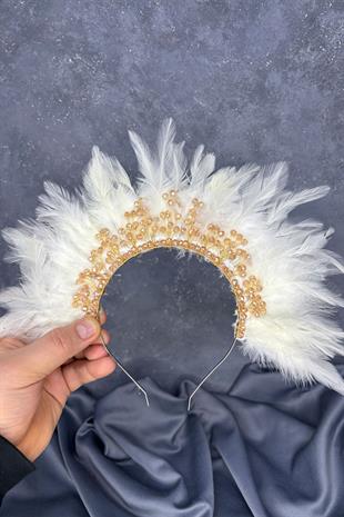 Krem Rengi Tüylü Kristal Boncuklu Arden Gelin Kına Tacı