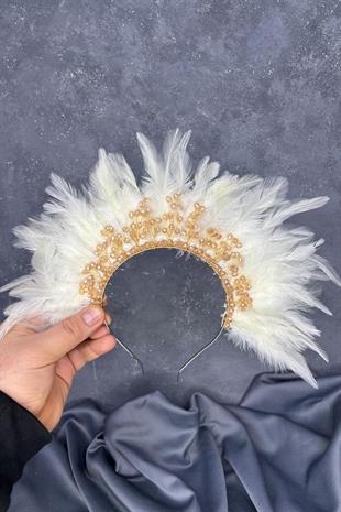 Krem Rengi Tüylü Kristal Boncuklu Arden Gelin Kına Tacı