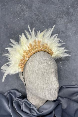 Krem Rengi Tüylü Kristal Boncuklu Arden Gelin Kına Tacı