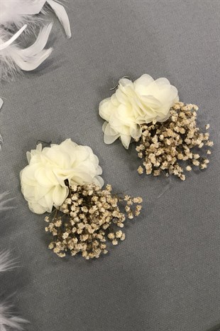 Krem Renk Kuru Çiçekli Küpe