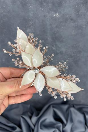 Krem Rose Rengi Sedefli Özün Taraklı Gelin Saç Aksesuarı