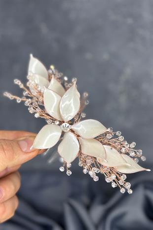 Krem Rose Rengi Sedefli Özün Taraklı Gelin Saç Aksesuarı