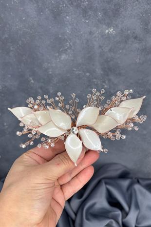 Krem Rose Rengi Sedefli Özün Taraklı Gelin Saç Aksesuarı