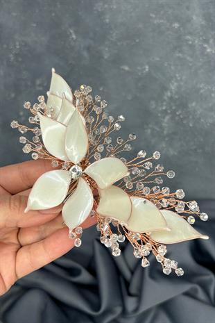 Krem Rose Rengi Sedefli Özün Taraklı Gelin Saç Aksesuarı