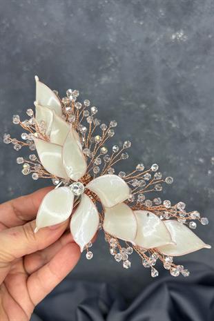 Krem Rose Rengi Sedefli Özün Taraklı Gelin Saç Aksesuarı