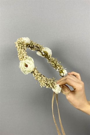 Krem Şakayık Çiçekli Cipsolu Fiyonklu Dış Çekim Gelin Tacı