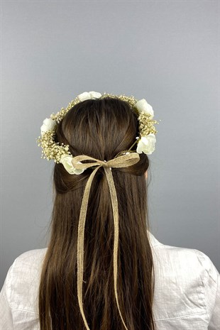 Krem Şakayık Çiçekli Cipsolu Fiyonklu Dış Çekim Gelin Tacı