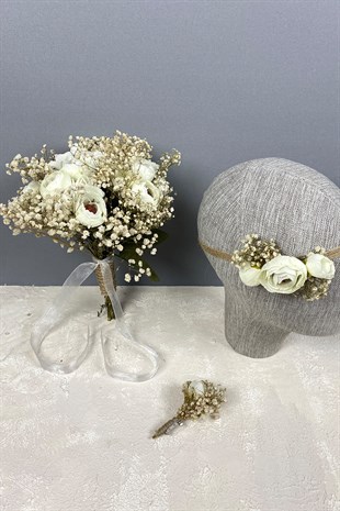 Cream Peony Flower Cipso Bridal Bouquet Crown and Boutonniere Set